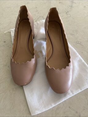Chloe Lauren Scalloped Nude Leather Block Heel Pump
